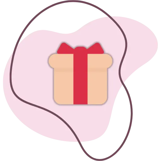 Ícone de presente vermelho e bege com laço em fundo rosa e linhas abstratas
